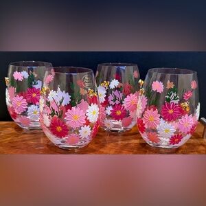 Set Of 4 Hand Painted Stemless Wine Glasses w/ Pink & White Flowers Bees NEW
